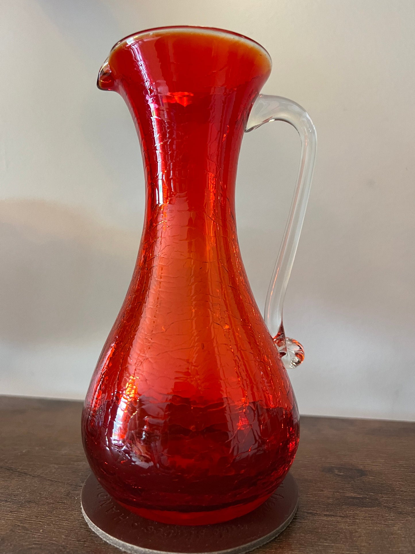 Vintage Red Amberina 7” Glass Pitcher Bud Vase, Applied Handle Red Yellow Glass, Lover Antiques and Vintage