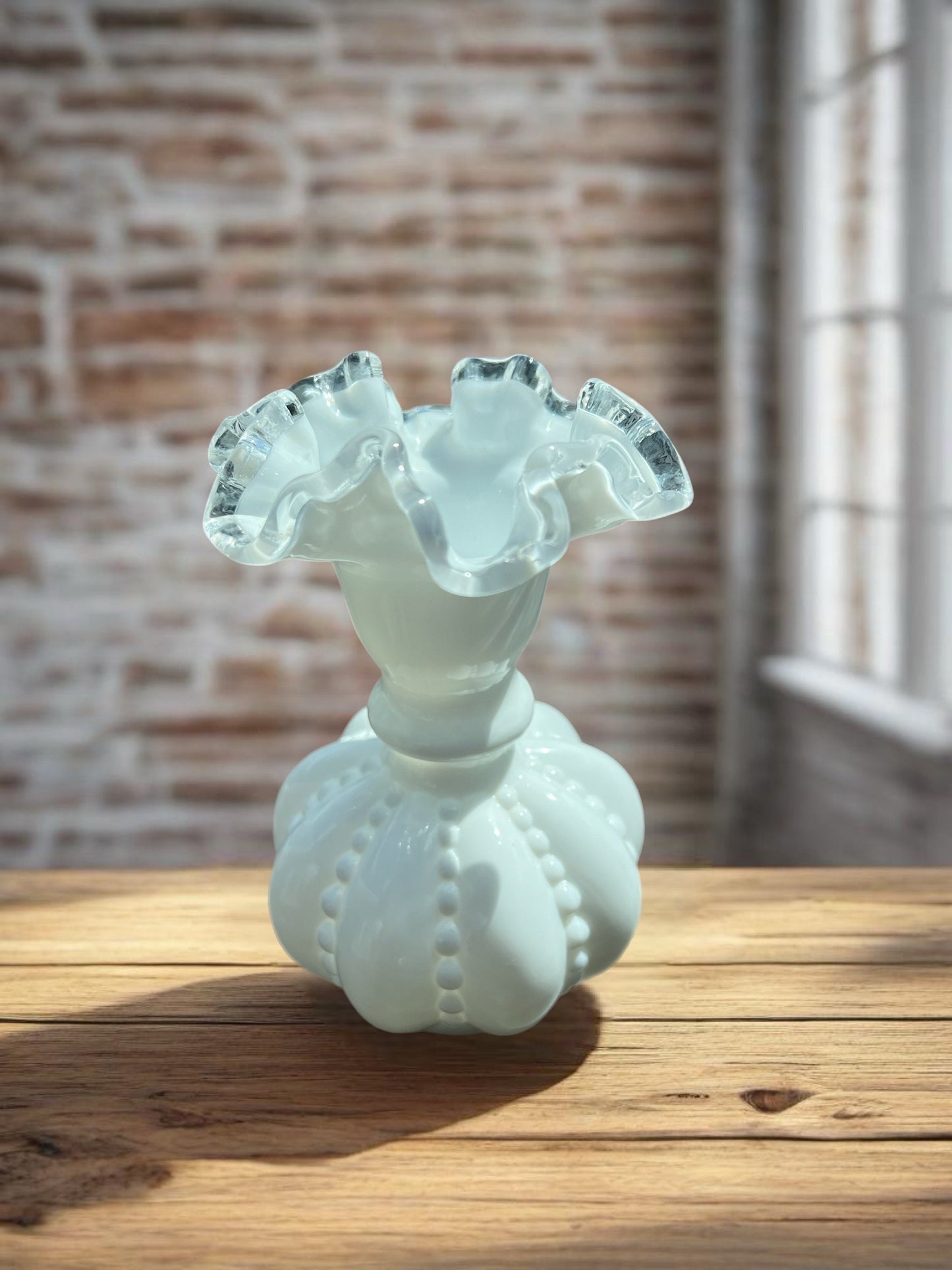 Vintage Fenton Silvercrest Beaded Melon Vase, Fenton White Milk Glass Vase, Lover Antiques and Vintage