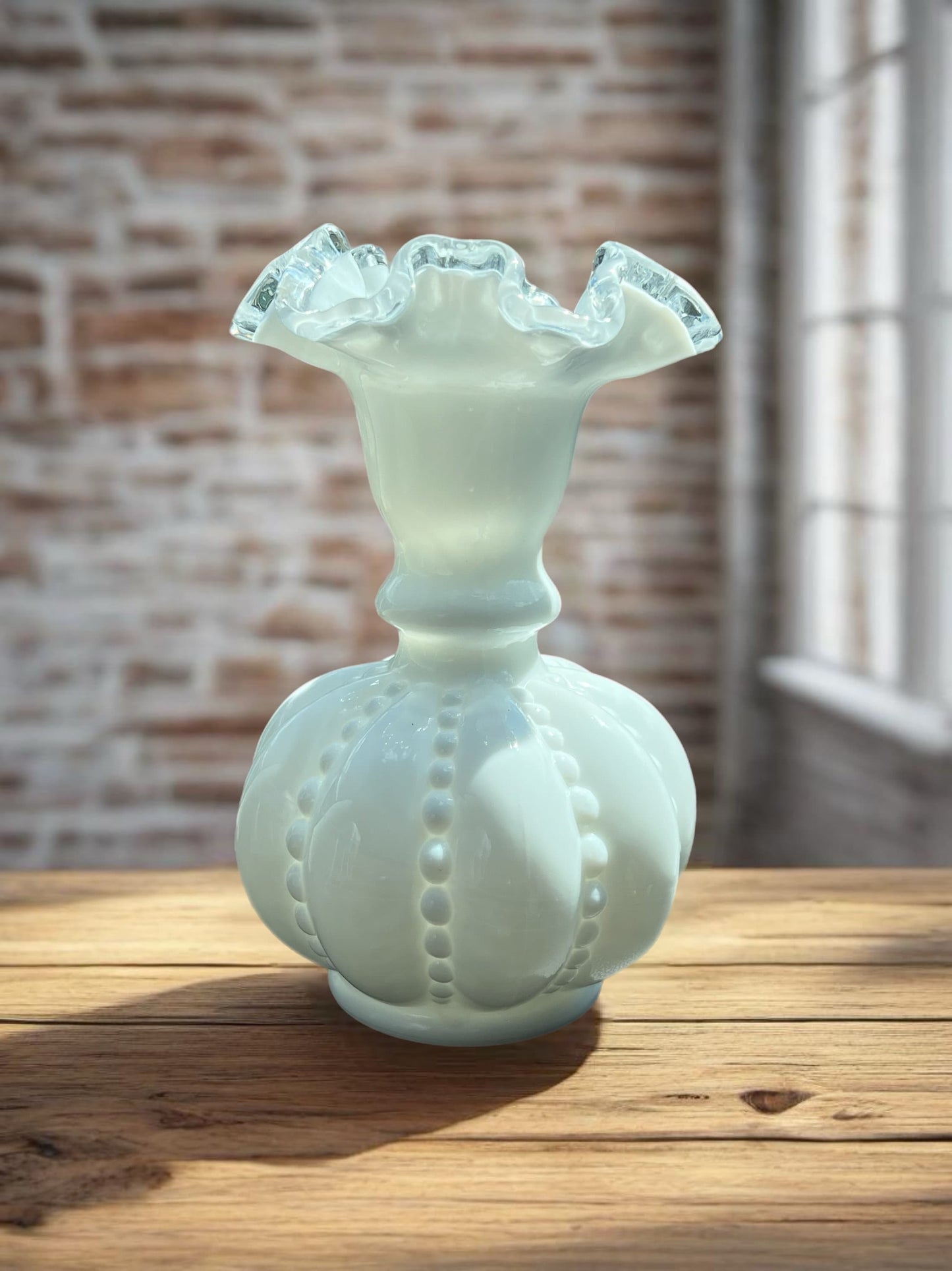 Vintage Fenton Silvercrest Beaded Melon Vase, Fenton White Milk Glass Vase, Lover Antiques and Vintage