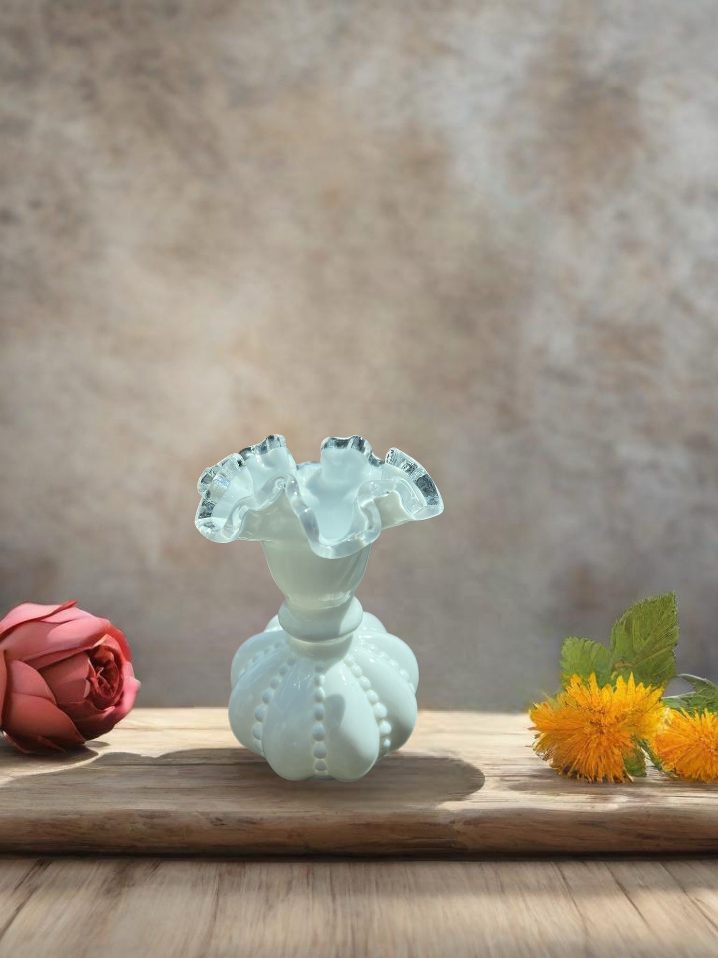 Vintage Fenton Silvercrest Beaded Melon Vase, Fenton White Milk Glass Vase, Lover Antiques and Vintage
