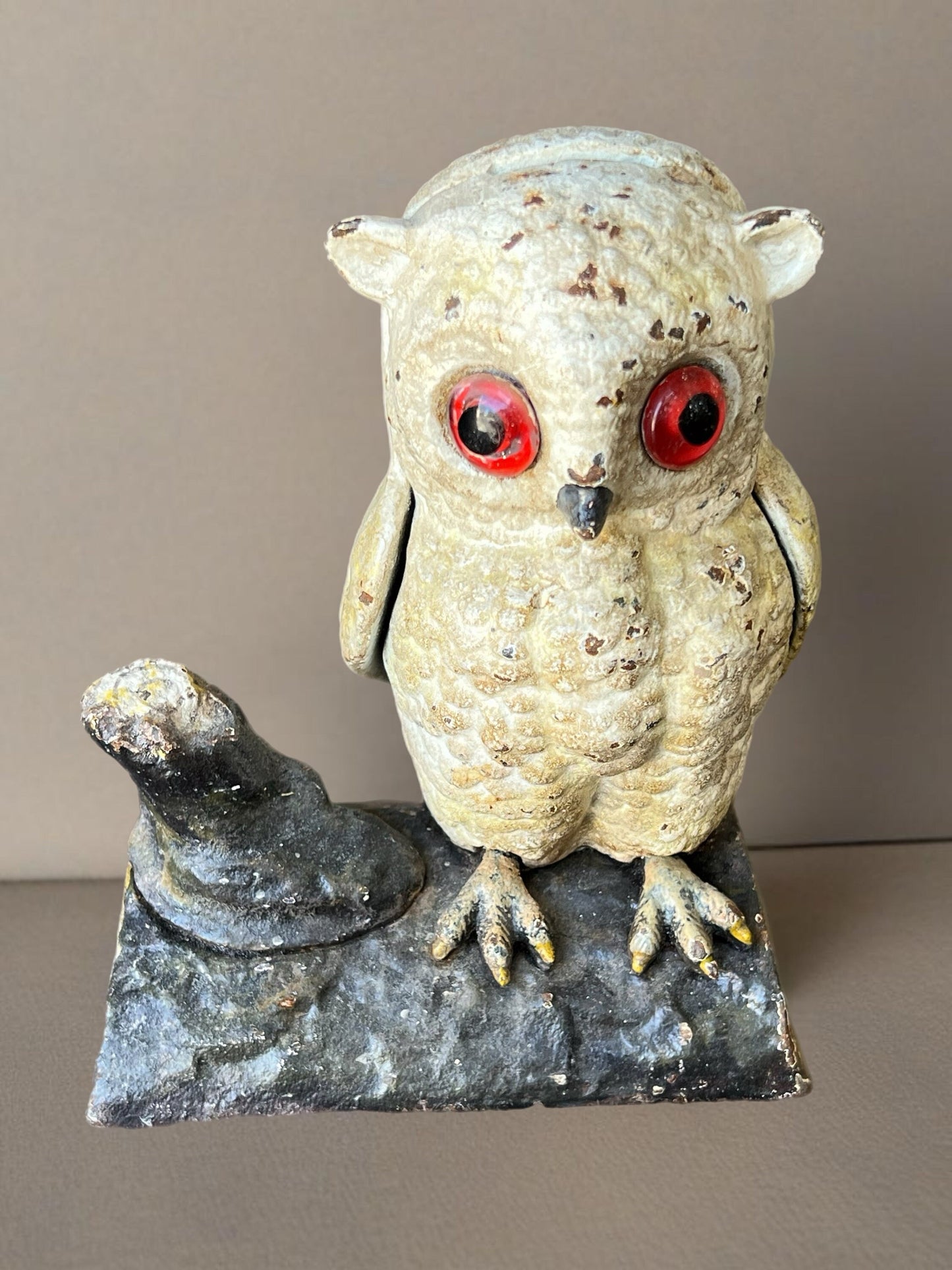 Antique Cast Iron Owl Statue, Bird Coin Bank, Owl with Glass Eyes, Lover Antiques and Vintage