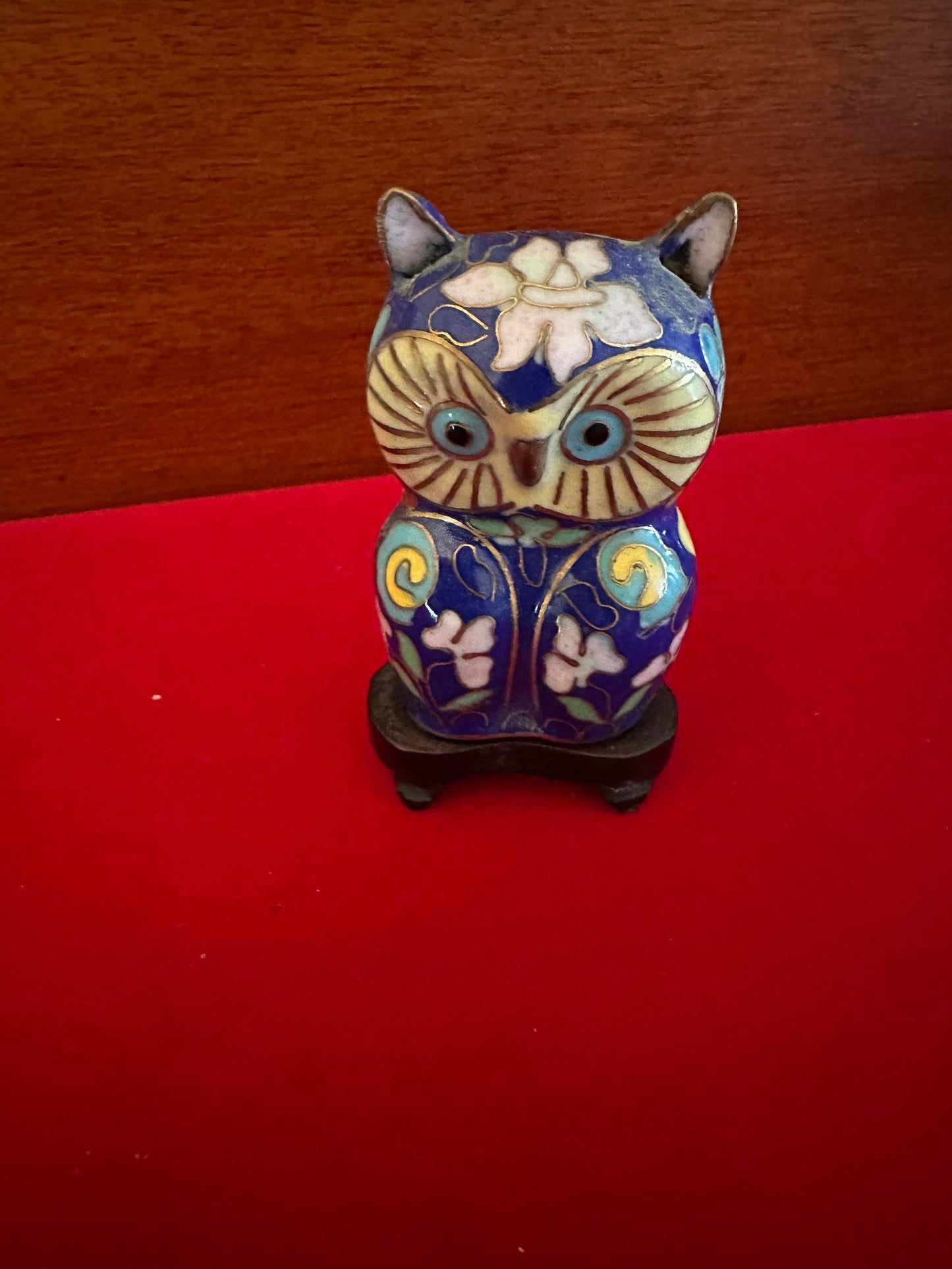 Vintage Cloisonné Enamel Owl Statue on a Stool, Owl on a Base, Enameled Cobalt Blue Owl Figurine, Lover Antiques and Vintage