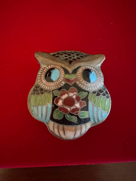 Vintage Cloisonné Enamel Owl Statue with Brass Base, Colorful Enameled Cobalt Blue Owl Figurine, Lover Antiques and Vintage