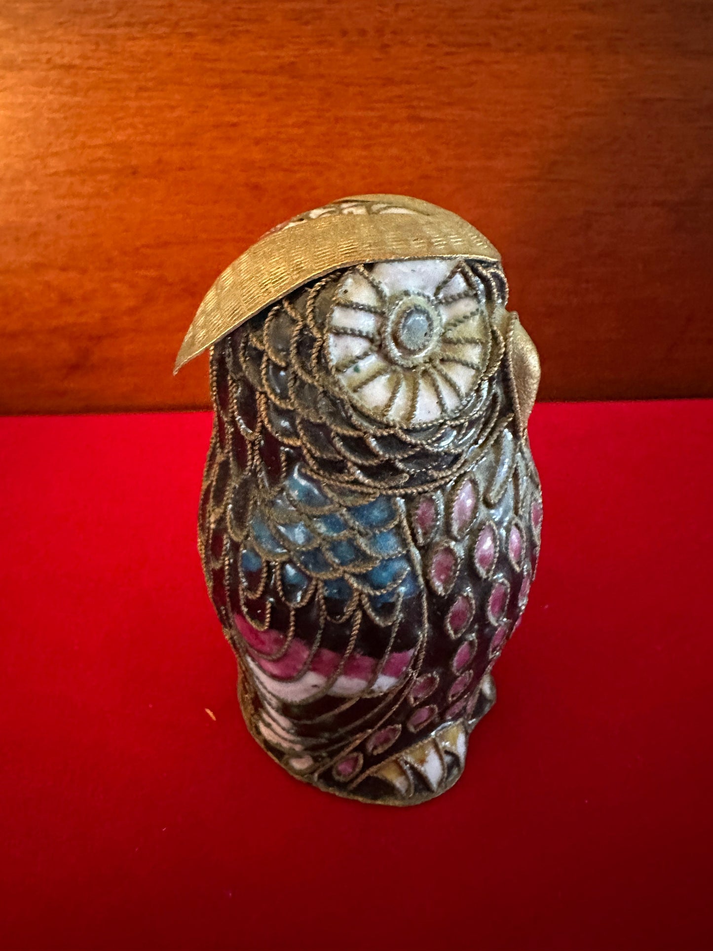Vintage Cloisonné Brass Enameled Owl Statue with Gold Top, Red Blue Gold Enameled Owl Figurine, Lover Antiques and Vintage