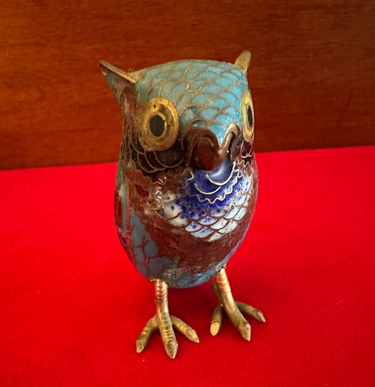 Vintage Cloisonné Enamel Standing Brass Owl Statue, Colorful Enameled Cobalt Blue Owl Figurine, Lover Antiques and Vintage