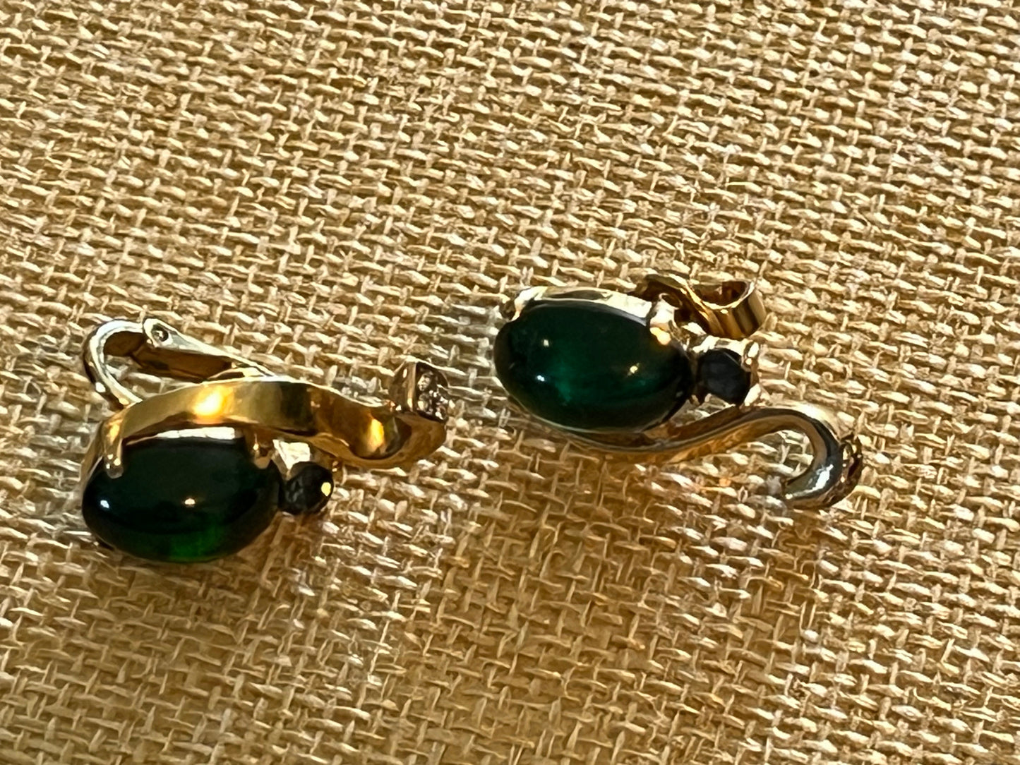 Vintage Crown Trifari Earrings by Alfred Philippe, Emerald Green Jelly Belly Gold Tone Clip on Earrings, Lover Antiques and Vintage