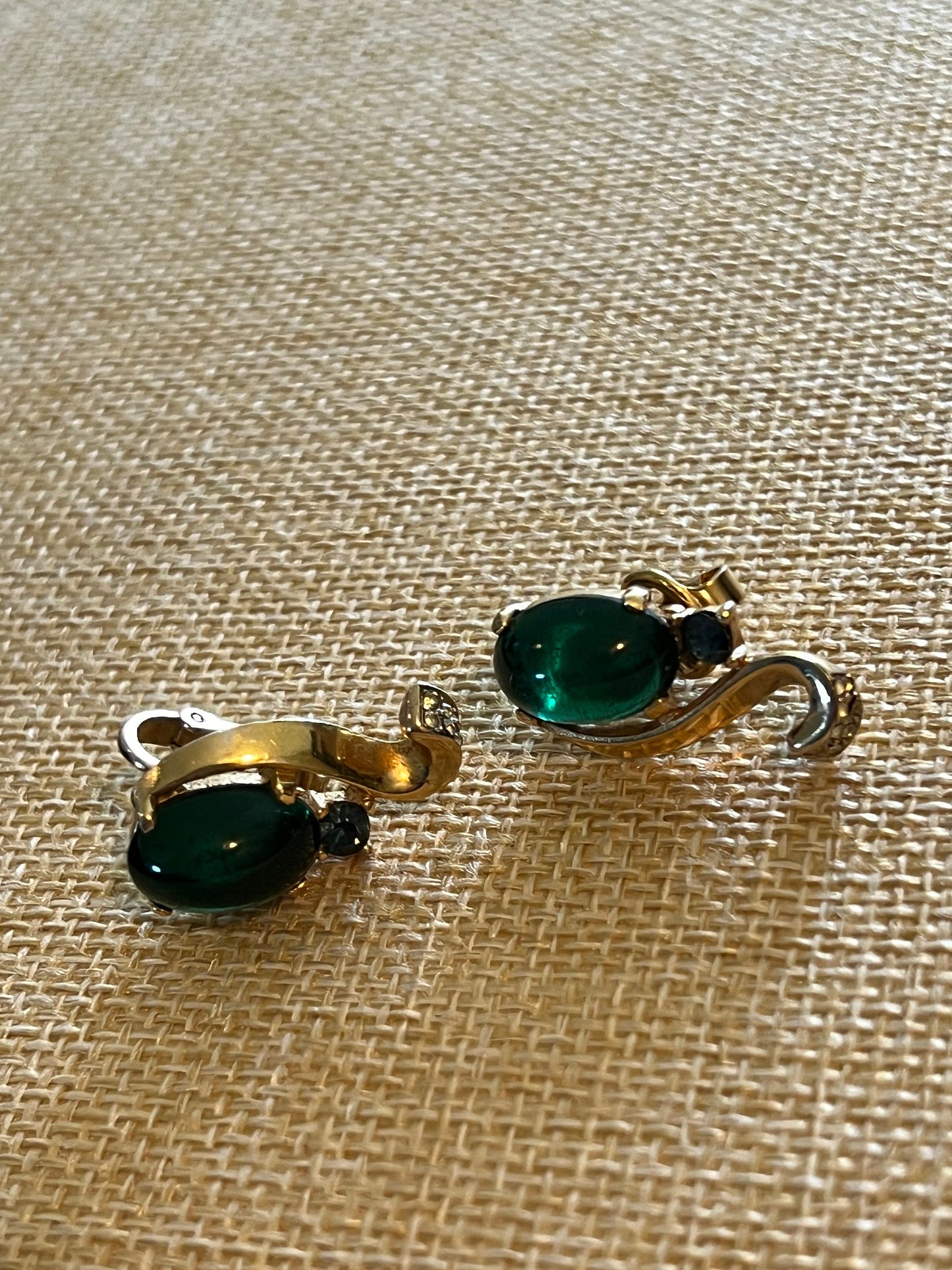Vintage Crown Trifari Earrings by Alfred Philippe, Emerald Green Jelly Belly Gold Tone Clip on Earrings, Lover Antiques and Vintage