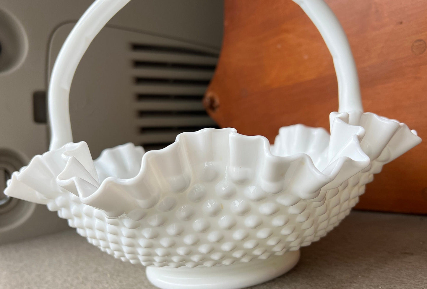 Fenton Large White Hobnail Ruffled Milk Glass Basket, White Fenton Large Basket, Ruffled Art Glass, Lover Antiques and Vintage