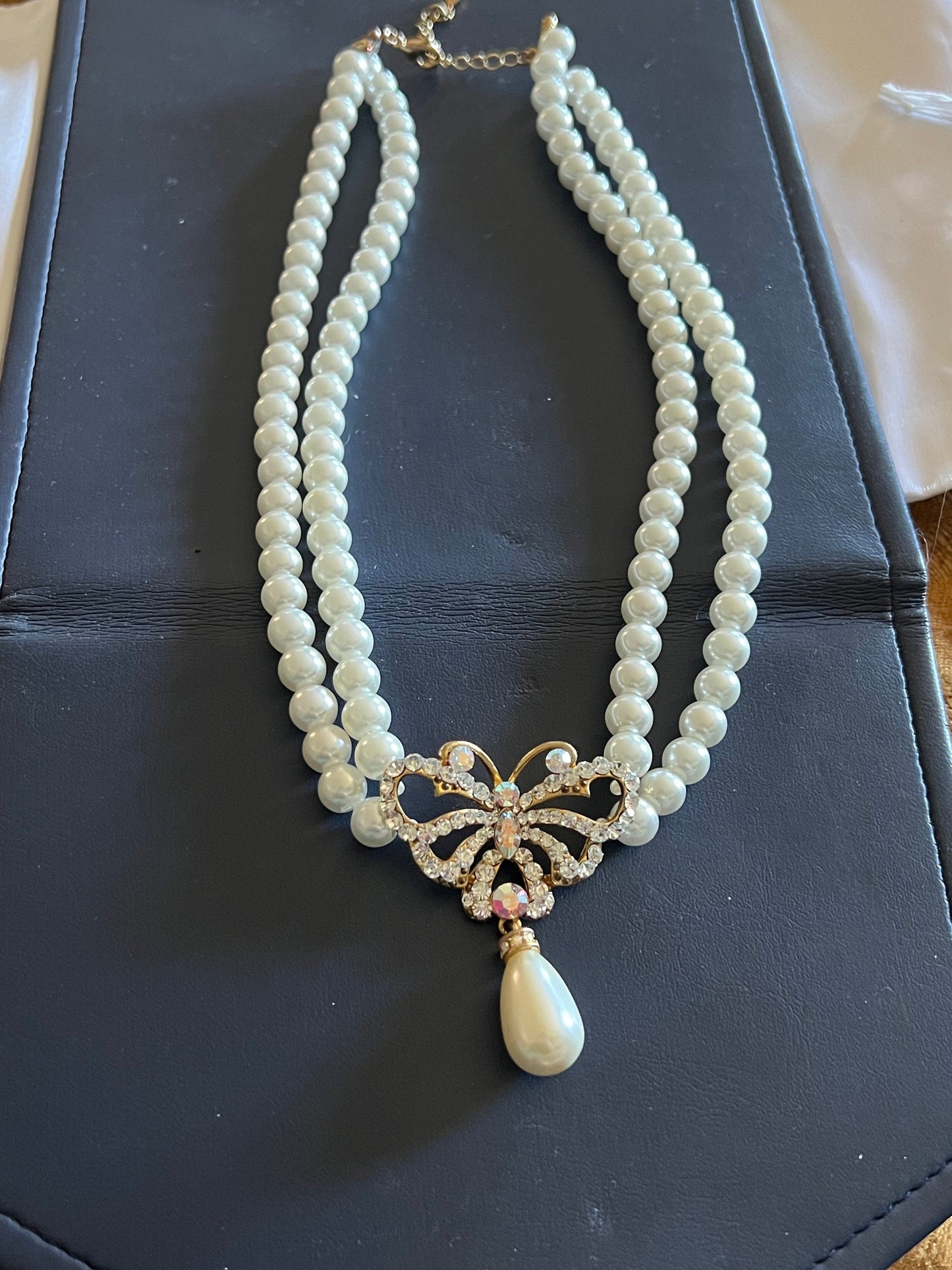 Vintage Butterfly Rhinestones and Faux Pearl Necklace & Matching Earrings Set, Michael’s Jewelers of CT, Lover Antiques and Vintage