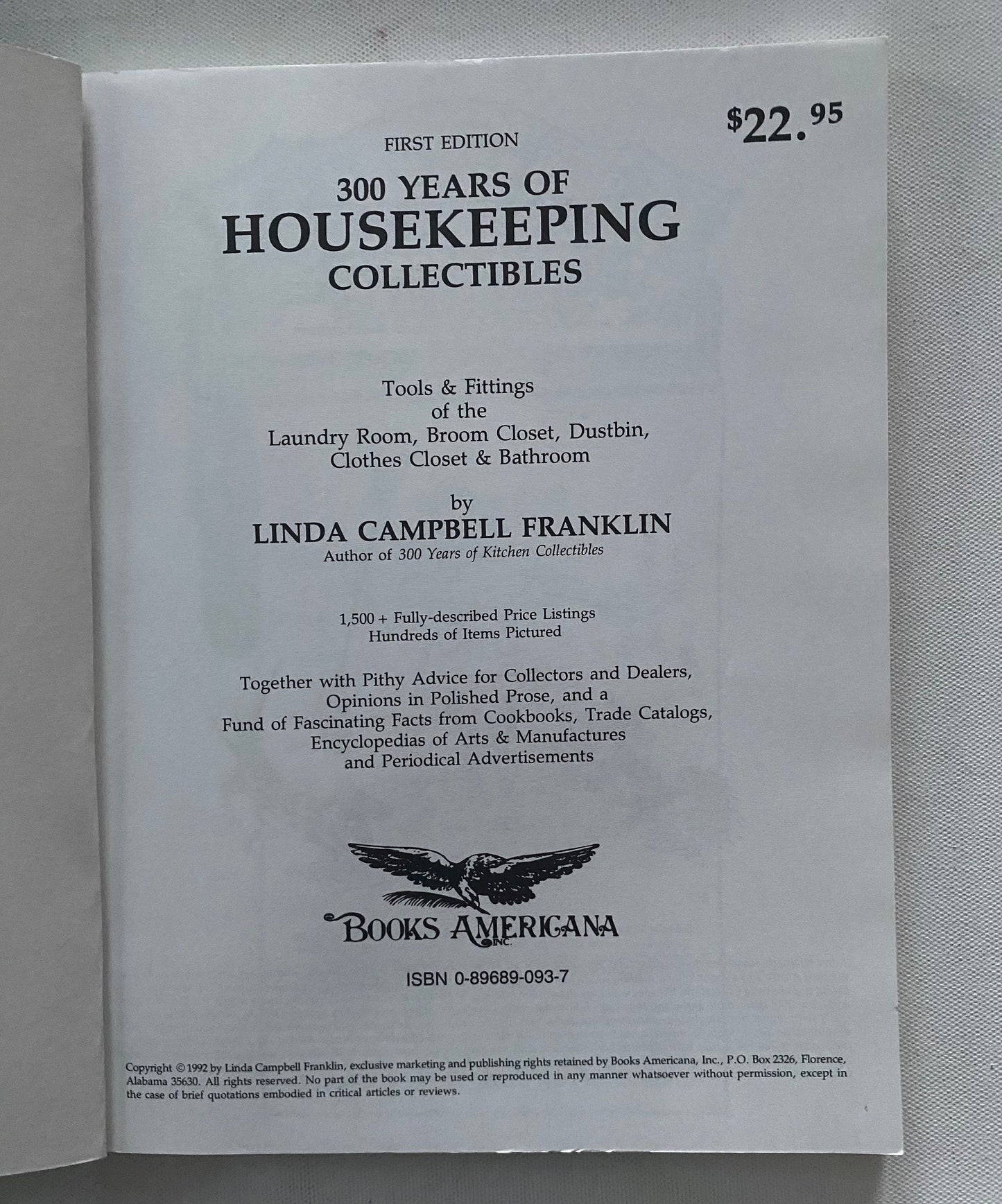 300 Years of Housekeeping Collectibles Identification and Value Guide Book, by Linda Campbell Franklin, Lover Antiques and Vintage