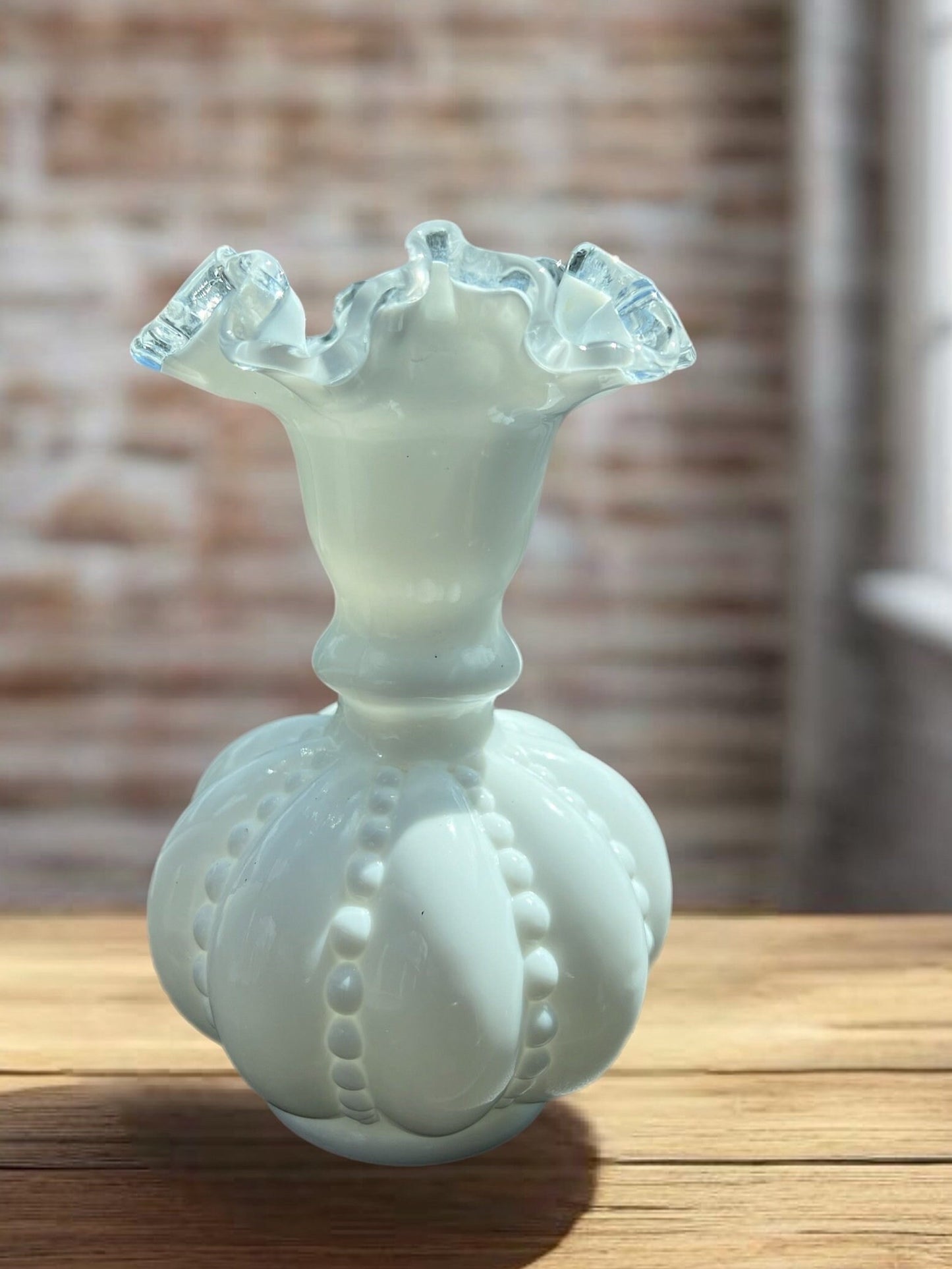 Vintage Fenton Silvercrest Beaded Melon Vase, Fenton White Milk Glass Vase, Lover Antiques and Vintage