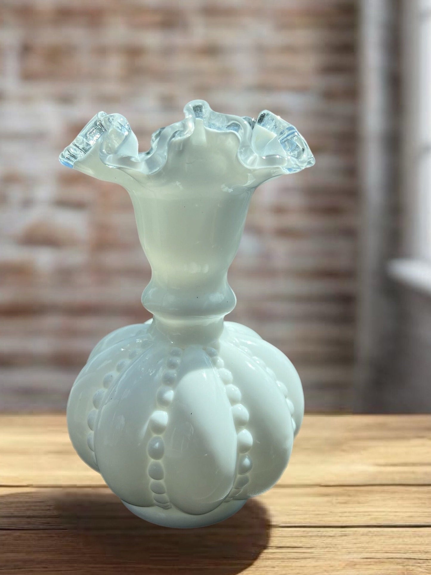 Vintage Fenton Silvercrest Beaded Melon Vase, Fenton White Milk Glass Vase, Lover Antiques and Vintage