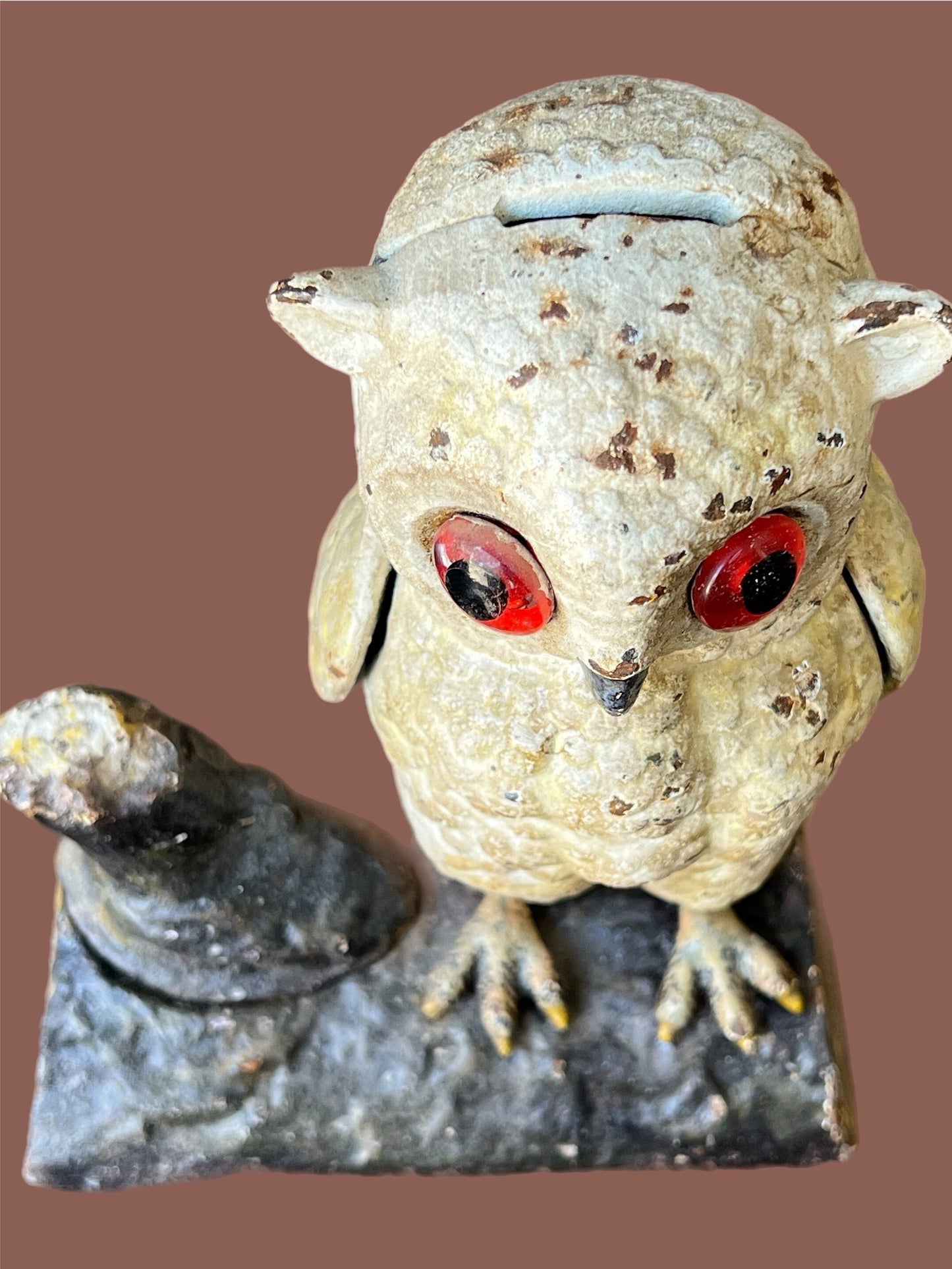 Antique Cast Iron Owl Statue, Bird Coin Bank, Owl with Glass Eyes, Lover Antiques and Vintage