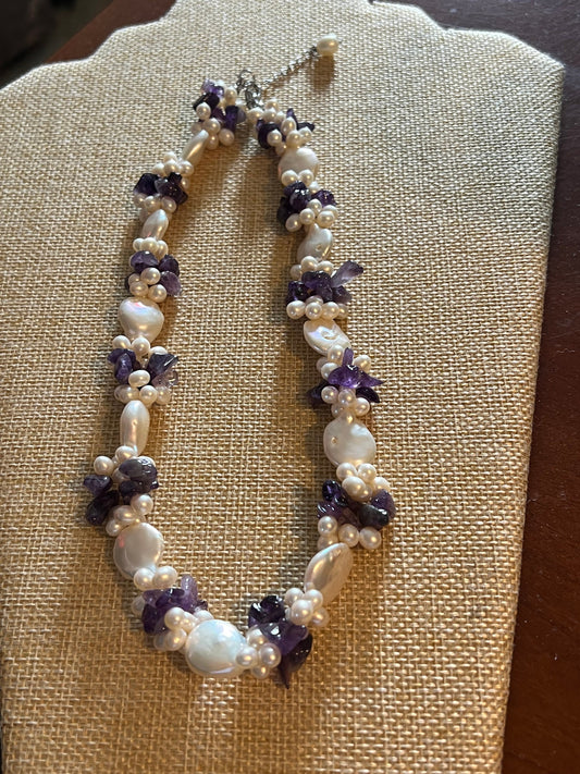 Vintage Pearl and Amethyst Cluster Style Necklace, Purple and White Necklace, Perfect Mother’s Day Gift, Lover Antiques and Vintage