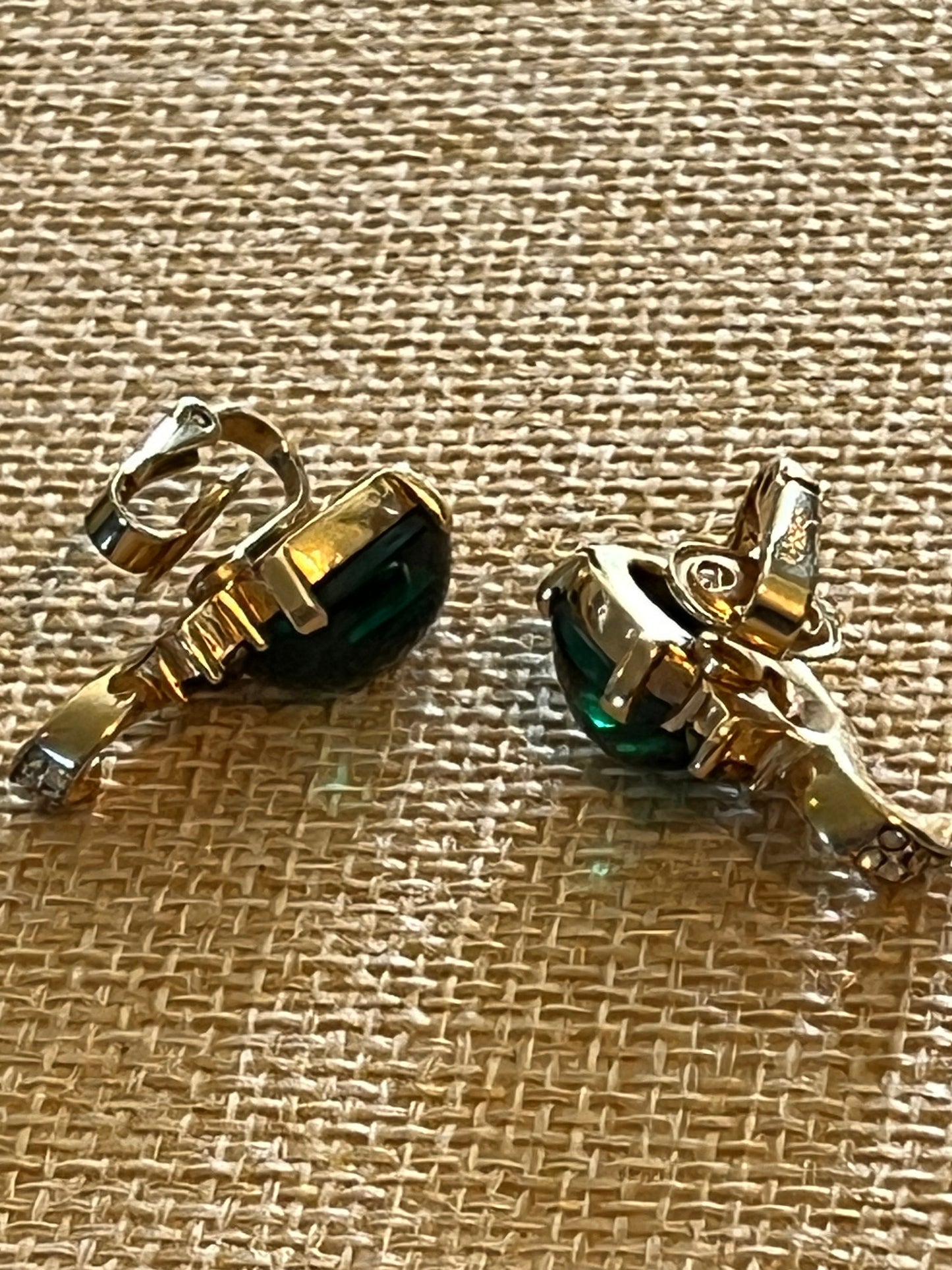 Vintage Crown Trifari Earrings by Alfred Philippe, Emerald Green Jelly Belly Gold Tone Clip on Earrings, Lover Antiques and Vintage