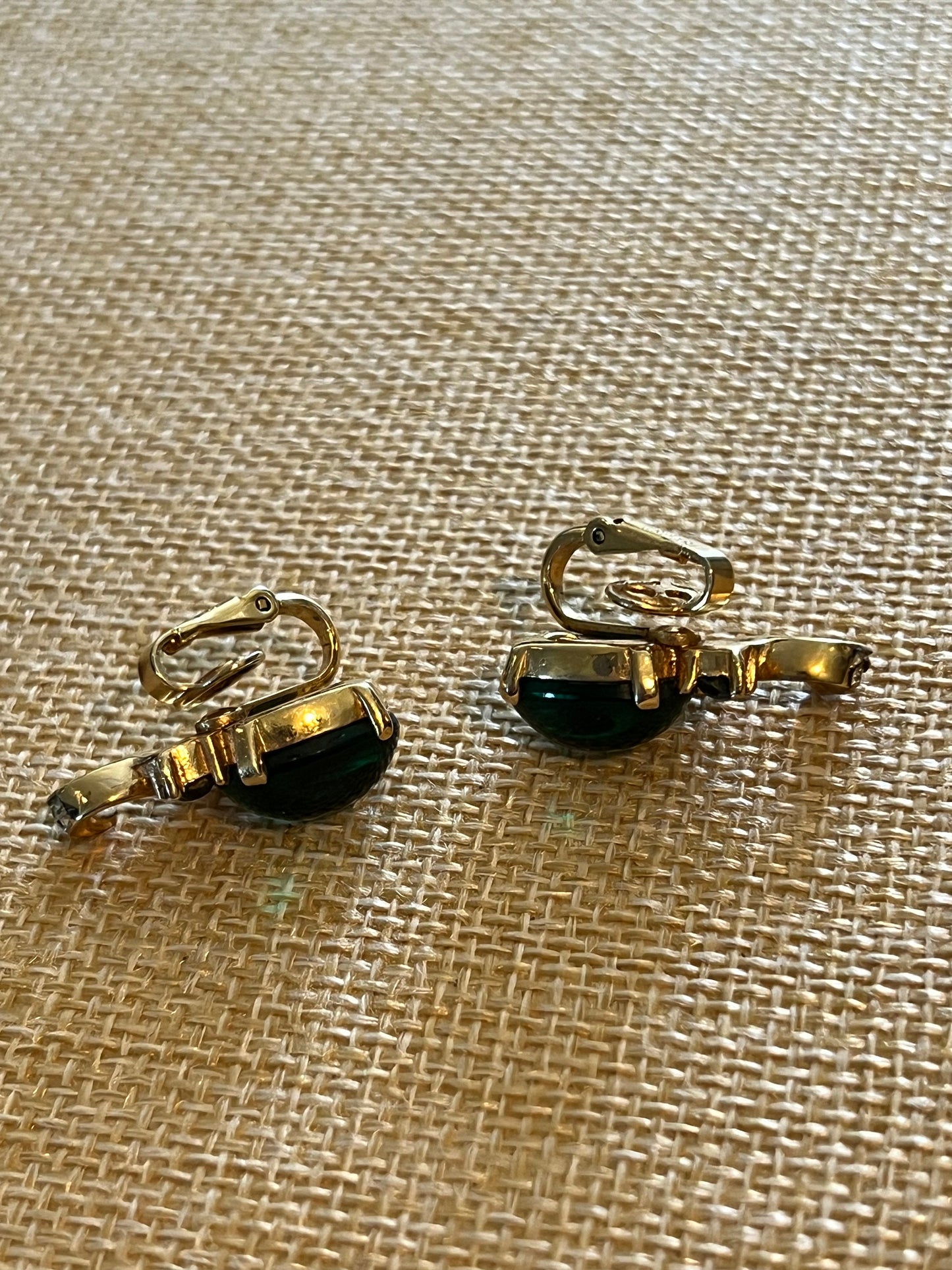Vintage Crown Trifari Earrings by Alfred Philippe, Emerald Green Jelly Belly Gold Tone Clip on Earrings, Lover Antiques and Vintage