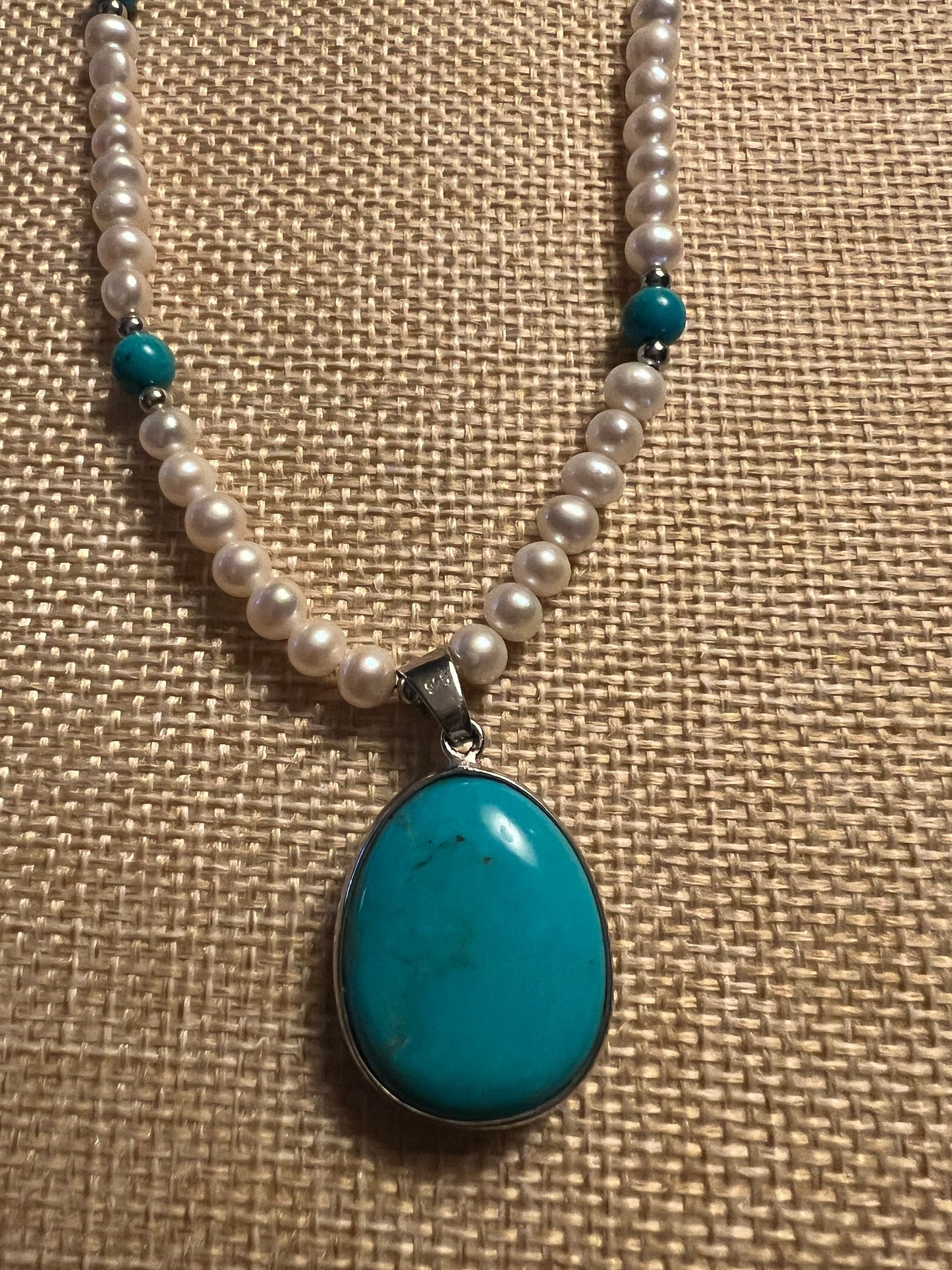 Vintage Sterling Silver and Turquoise Pendant and Pearl Beaded Strand Necklace, Lover Antiques and Vintage