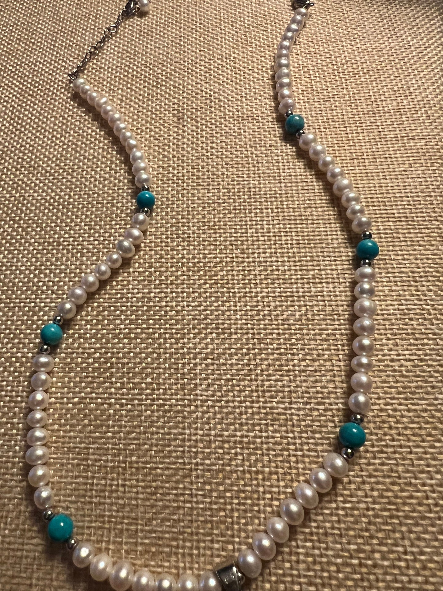 Vintage Sterling Silver and Turquoise Pendant and Pearl Beaded Strand Necklace, Lover Antiques and Vintage