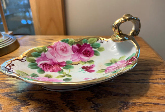 Vintage Nippon Hand Painted Dresser Dish With Handle Japanese Porcelain Vase Lover Antiques and Vintage