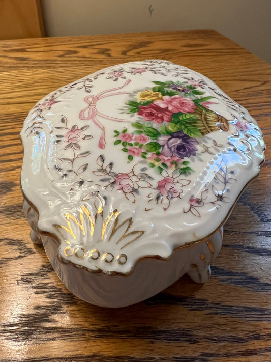 Vintage Bristol Gardens L & M Roses in Basket Footed Trinket Box Hand Painted Lover Antiques and Vintage