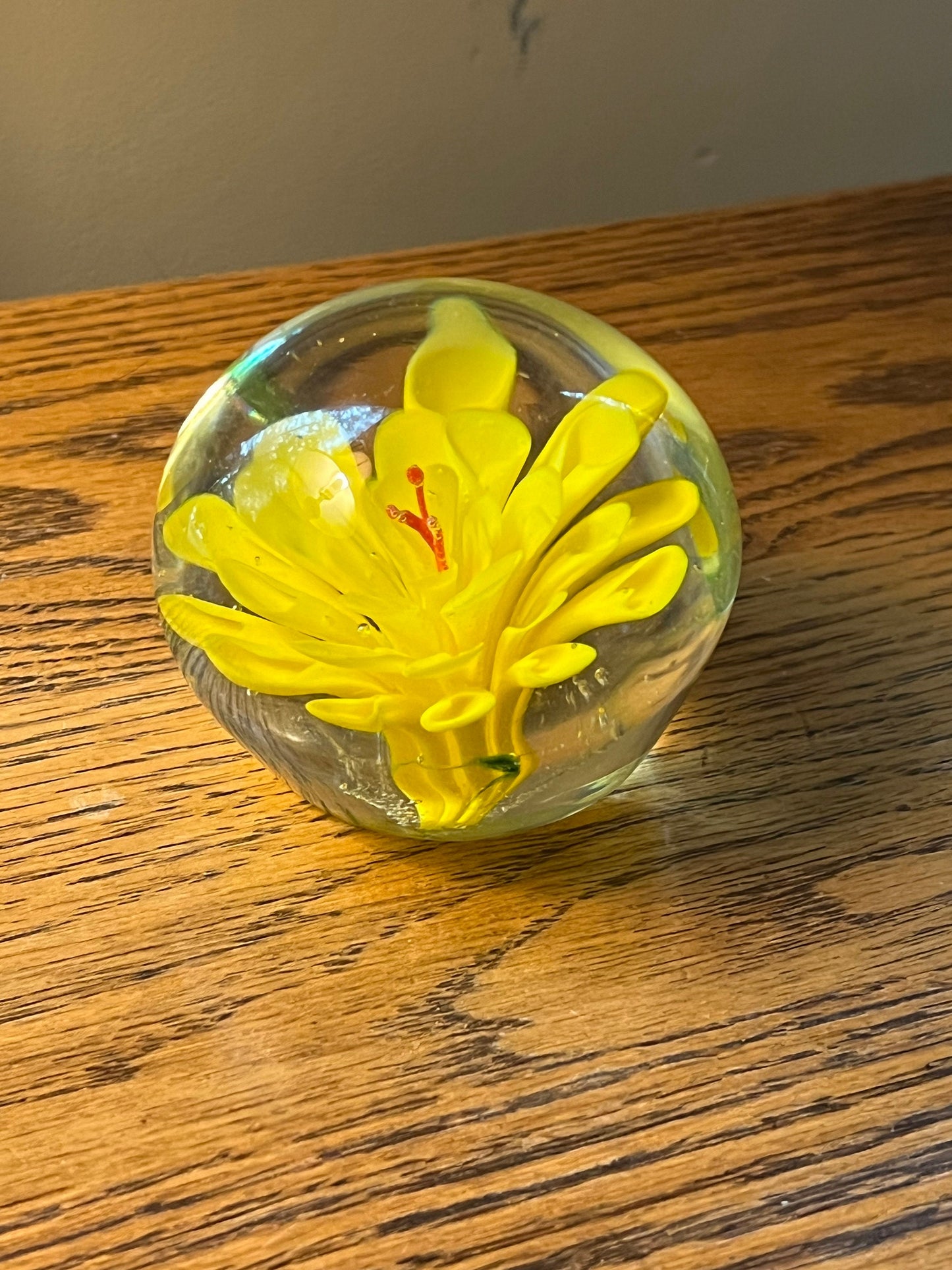 Vintage Yellow Flower Glass Paperweight Lover Antiques and Vintage