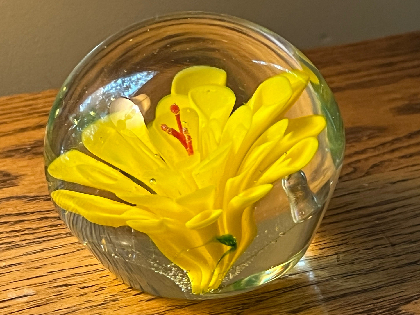Vintage Yellow Flower Glass Paperweight Lover Antiques and Vintage