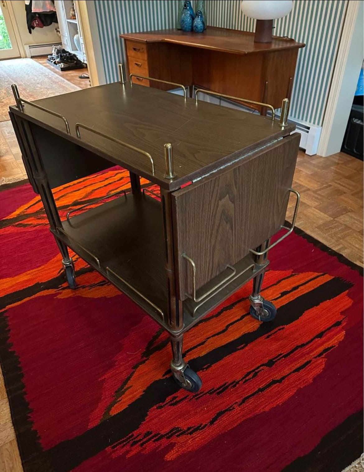 Vintage Mid Century Modern Drop Down Leaf Rolling Cart with Brass Trim Rolling Bar Cart Lover Antiques and Vintage