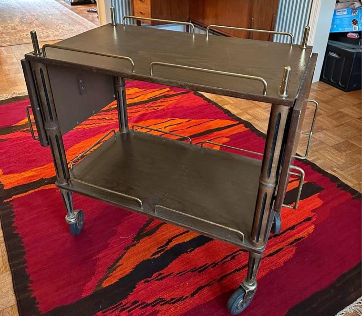 Vintage Mid Century Modern Drop Down Leaf Rolling Cart with Brass Trim Rolling Bar Cart Lover Antiques and Vintage