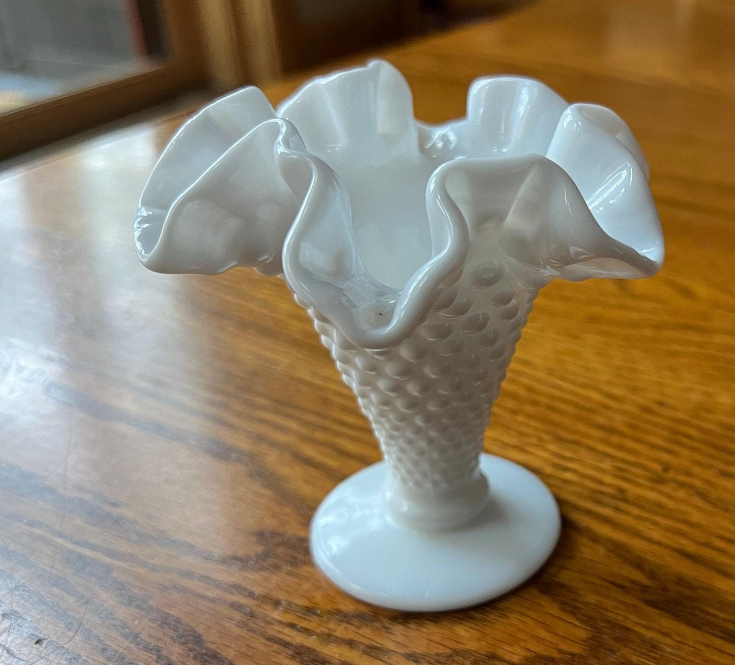 Vintage White Hobnail Ruffled Vase Glass Art Vase Lover Antiques and Vintage