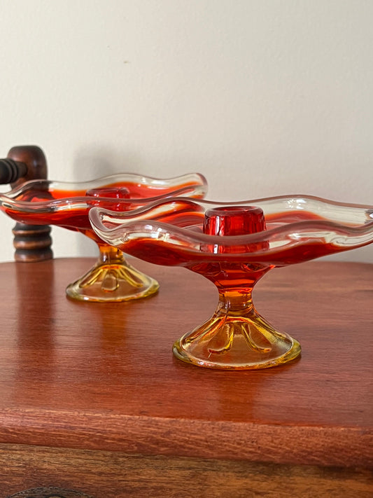 Vintage Viking Persimmon 6 Petal Amberina Pair of Candle Holders Pedestal Candlestick Holders Dish Lover Antiques and Vintage
