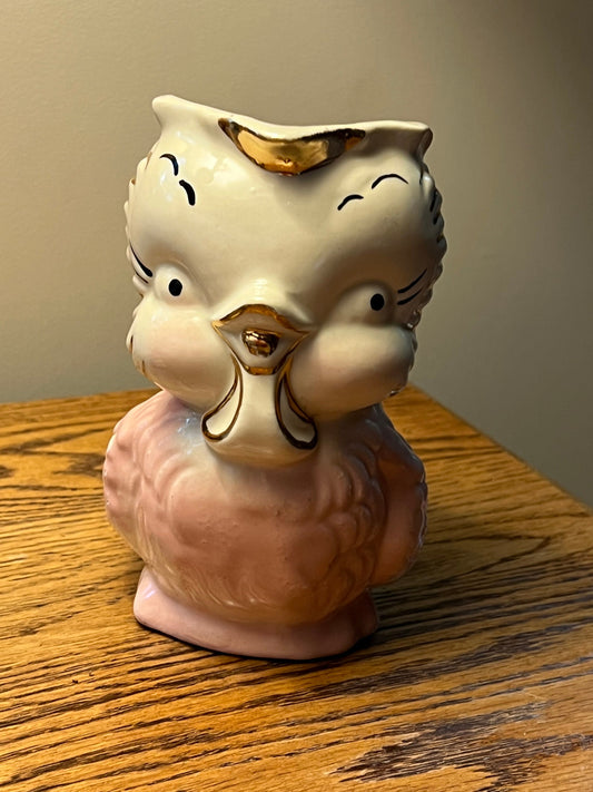 Vintage Shawnee Pottery Owl Pitcher with 14K Gold Trim Pink and White Owl Lover Antiques and Vintage