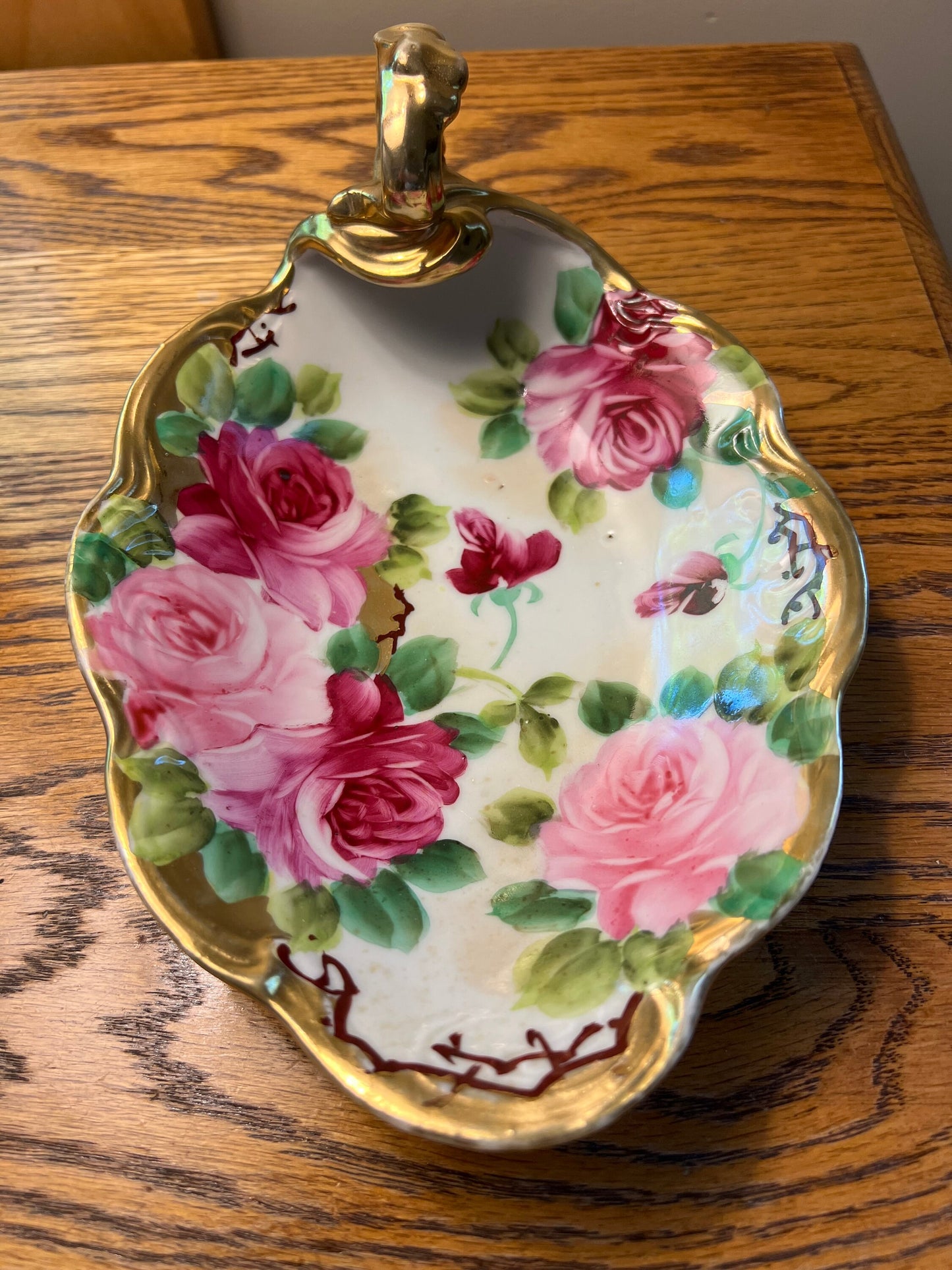 Vintage Nippon Hand Painted Dresser Dish With Handle Japanese Porcelain Vase Lover Antiques and Vintage