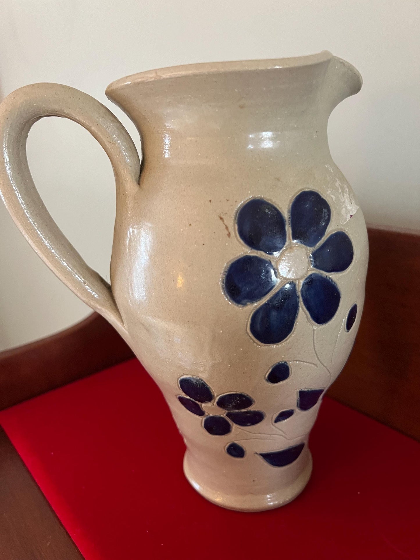 Vintage Williamsburg Pottery Pitcher with Cobalt Blue Flower Design Lover Antiques and Vintage