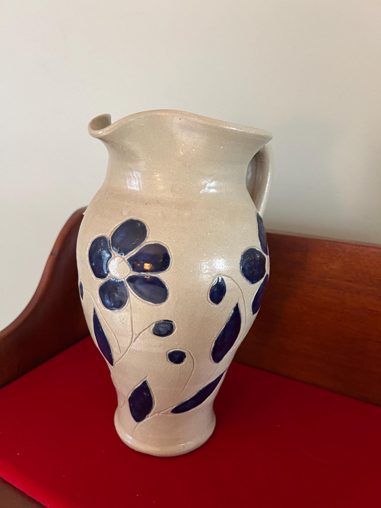 Vintage Williamsburg Pottery Pitcher with Cobalt Blue Flower Design Lover Antiques and Vintage