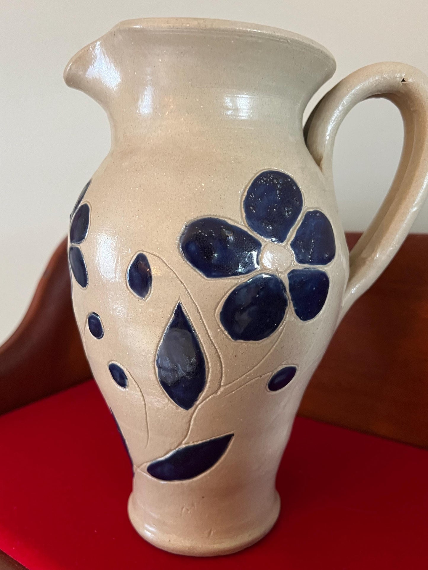 Vintage Williamsburg Pottery Pitcher with Cobalt Blue Flower Design Lover Antiques and Vintage