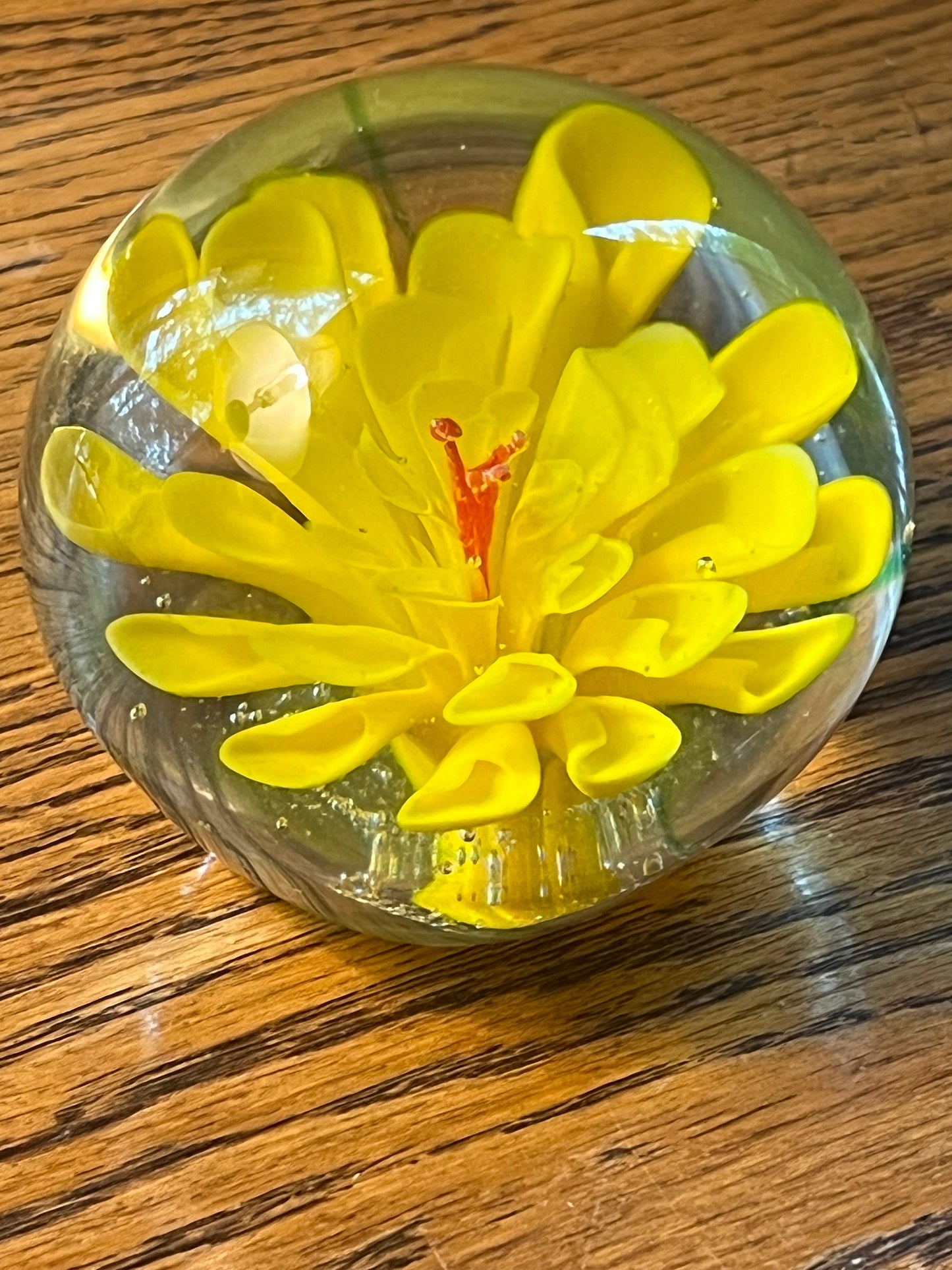 Vintage Yellow Flower Glass Paperweight Lover Antiques and Vintage
