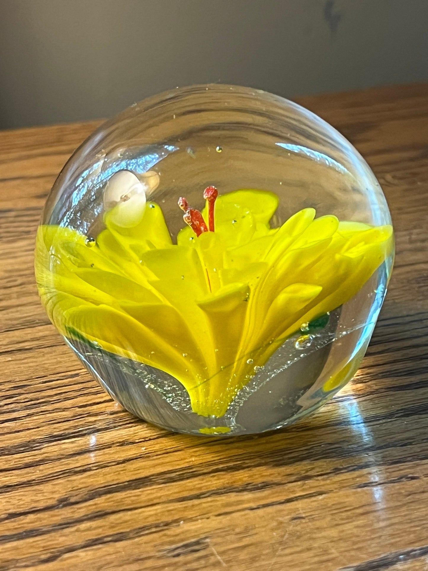 Vintage Yellow Flower Glass Paperweight Lover Antiques and Vintage