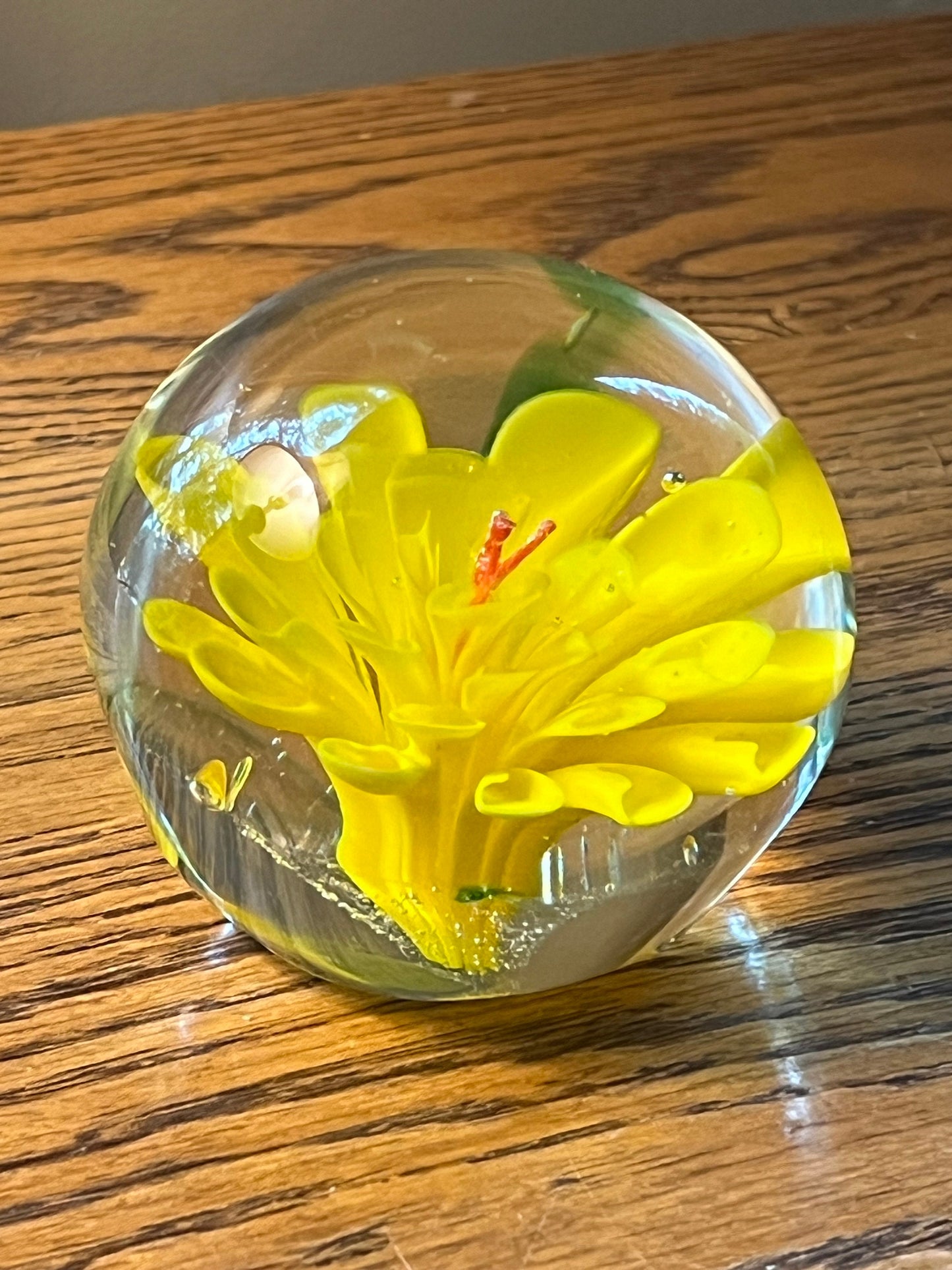 Vintage Yellow Flower Glass Paperweight Lover Antiques and Vintage