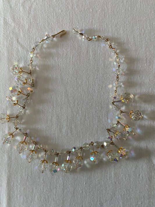 Vintage Aurora Borealis Style Crystals & Gold Necklace Fringe Jewelry Lover Antiques and Vintage