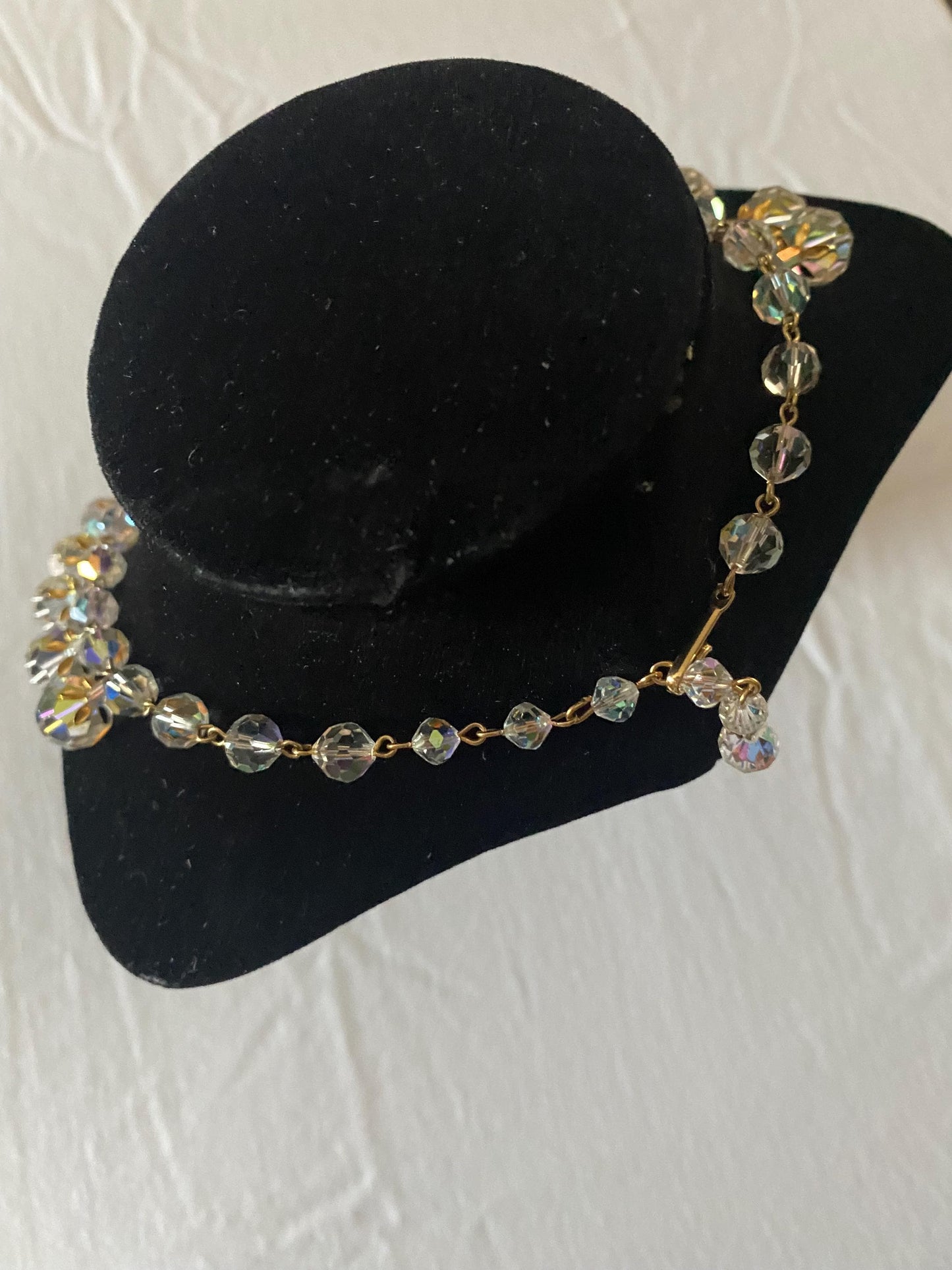 Vintage Aurora Borealis Style Crystals & Gold Necklace Fringe Jewelry Lover Antiques and Vintage