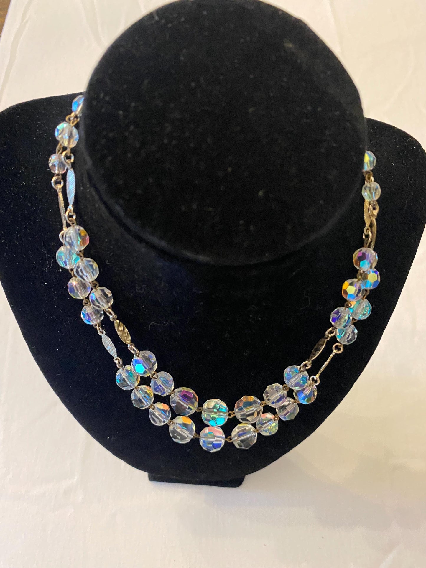 Vintage AB Crystal Multi Strand Clear Iridescent Necklace Made West Germany Unique Gift Opportunity Lover Antiques and Vintage
