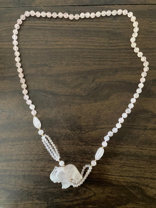 Vintage Light Pink & White Rose Quartz Necklace with Quart Elephant with Trunk Up Unique Gift Opportunity Lover Antiques and Vintage