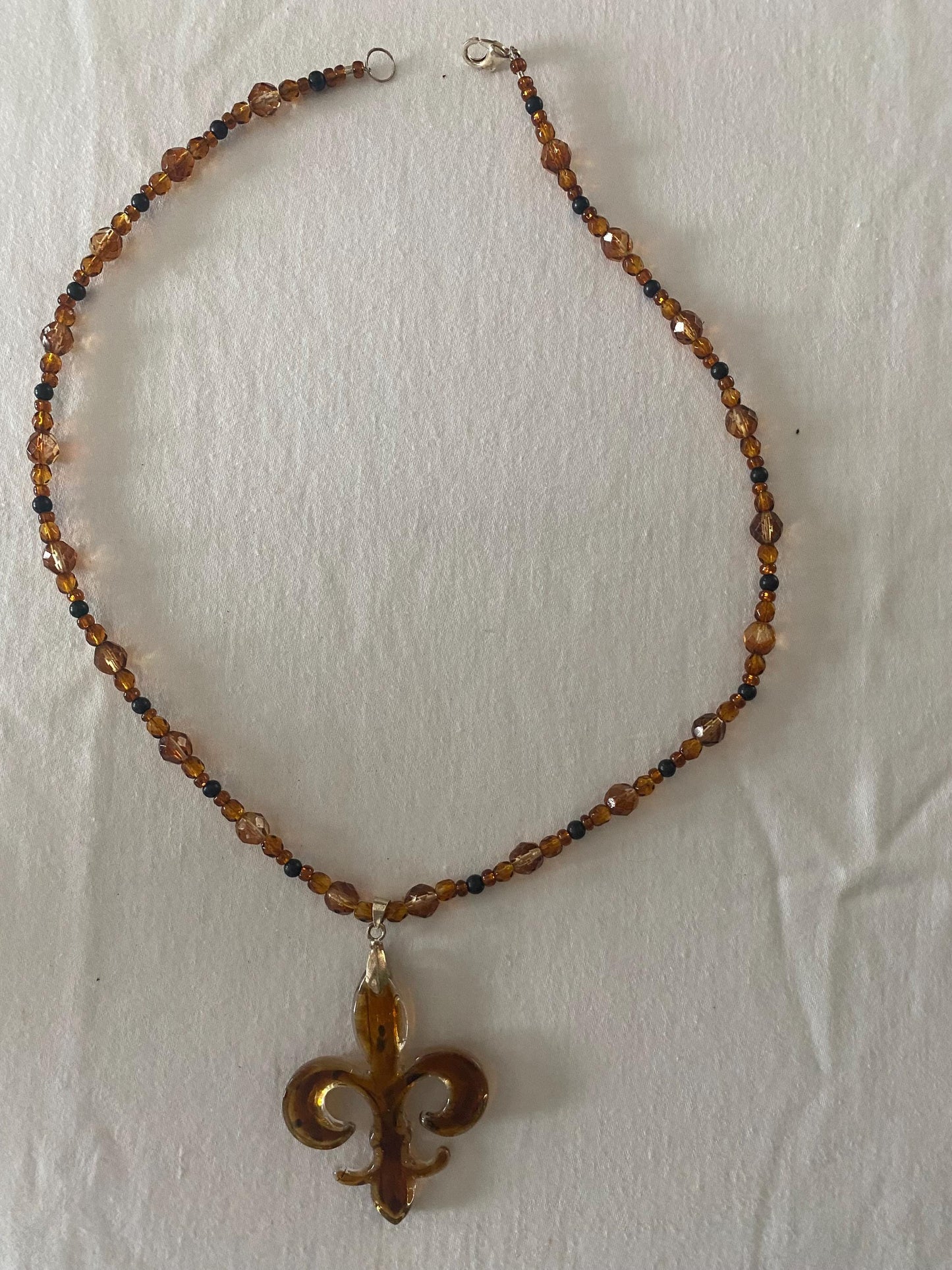 Vintage Amber & Black Beaded with Fleur de Lis Pendant Necklace Unique Gift Opportunity Lover Antiques and Vintage