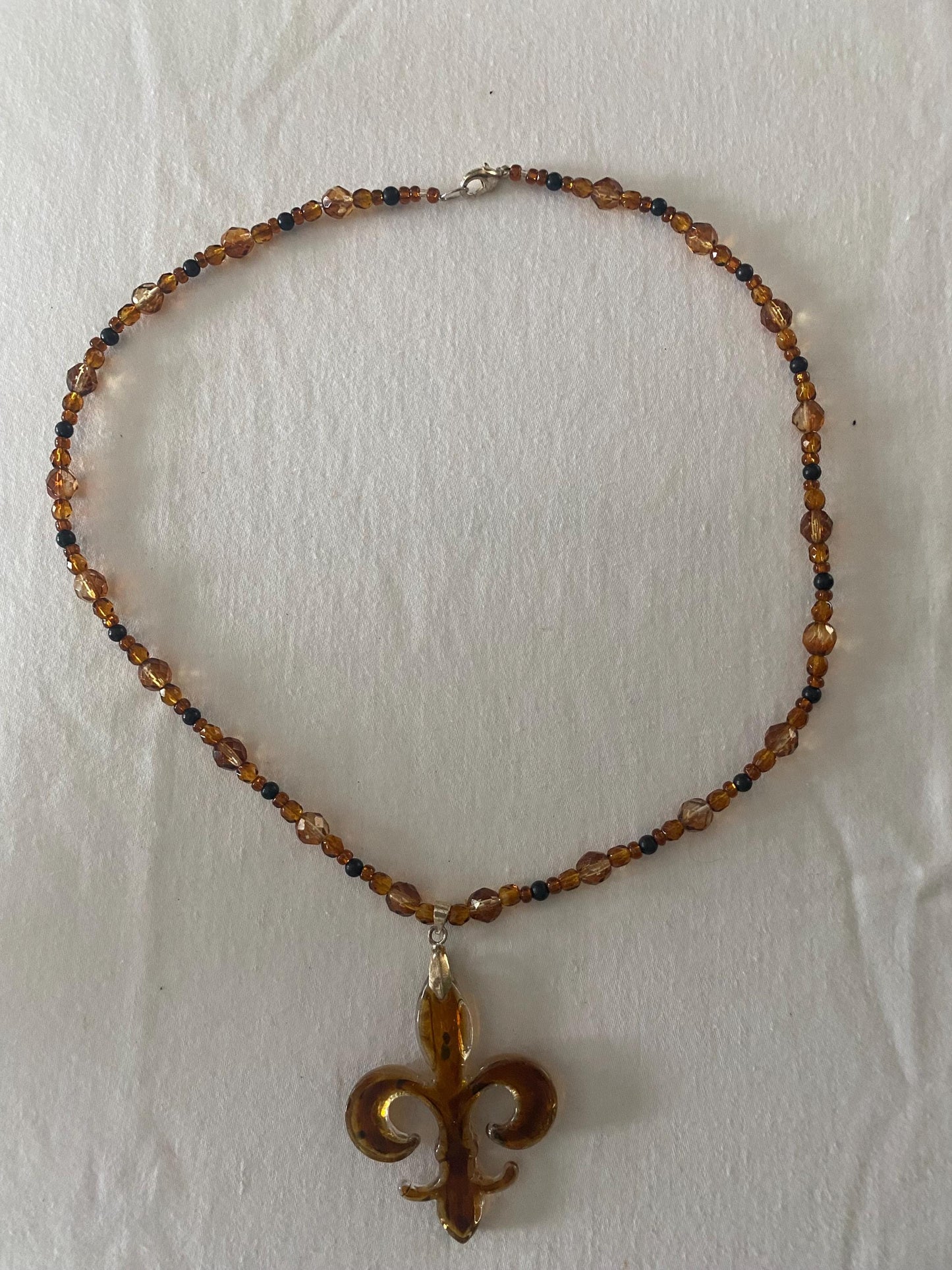 Vintage Amber & Black Beaded with Fleur de Lis Pendant Necklace Unique Gift Opportunity Lover Antiques and Vintage