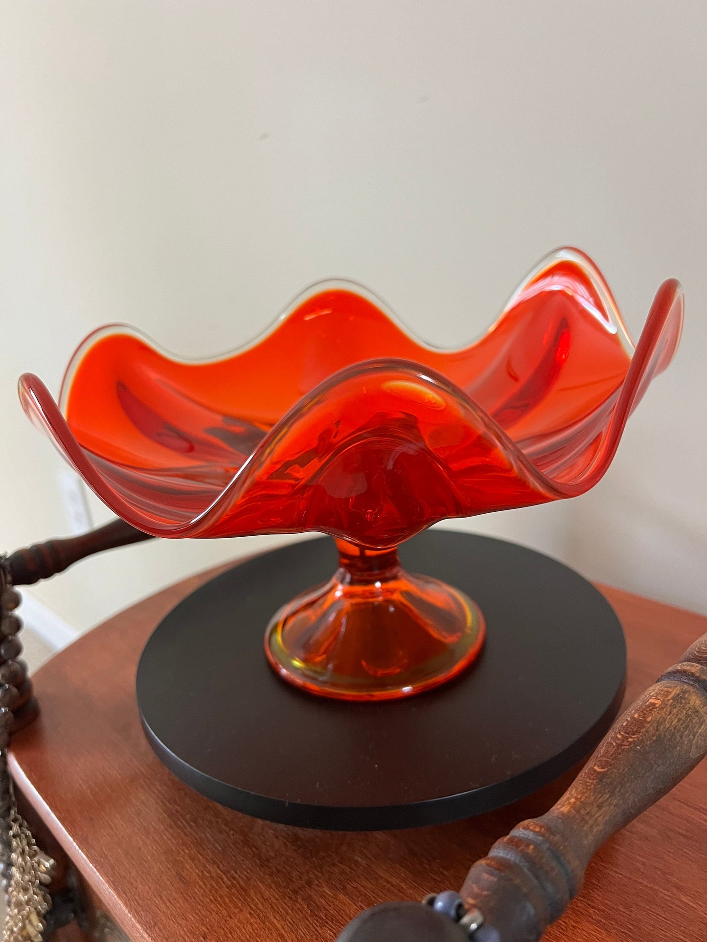 Vintage Viking Persimmon 6 Petal Compote Vase Bowl Pedestal Dish Amberina Glass Footed Vase Lover Antiques and Vintage