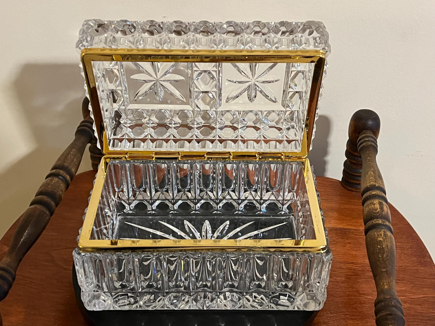 Large French Crystal Brass Jewelry Casket Box Vintage Hand Cut Lead Crystal & Brass Hinged Trinket Box Lover Antiques and Vintage