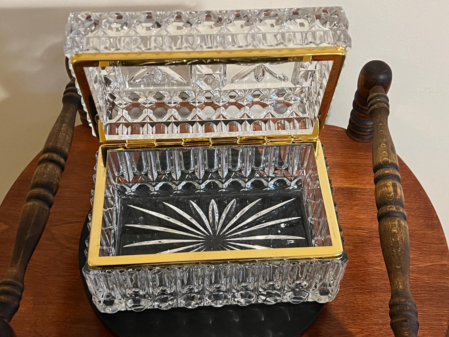 Large French Crystal Brass Jewelry Casket Box Vintage Hand Cut Lead Crystal & Brass Hinged Trinket Box Lover Antiques and Vintage