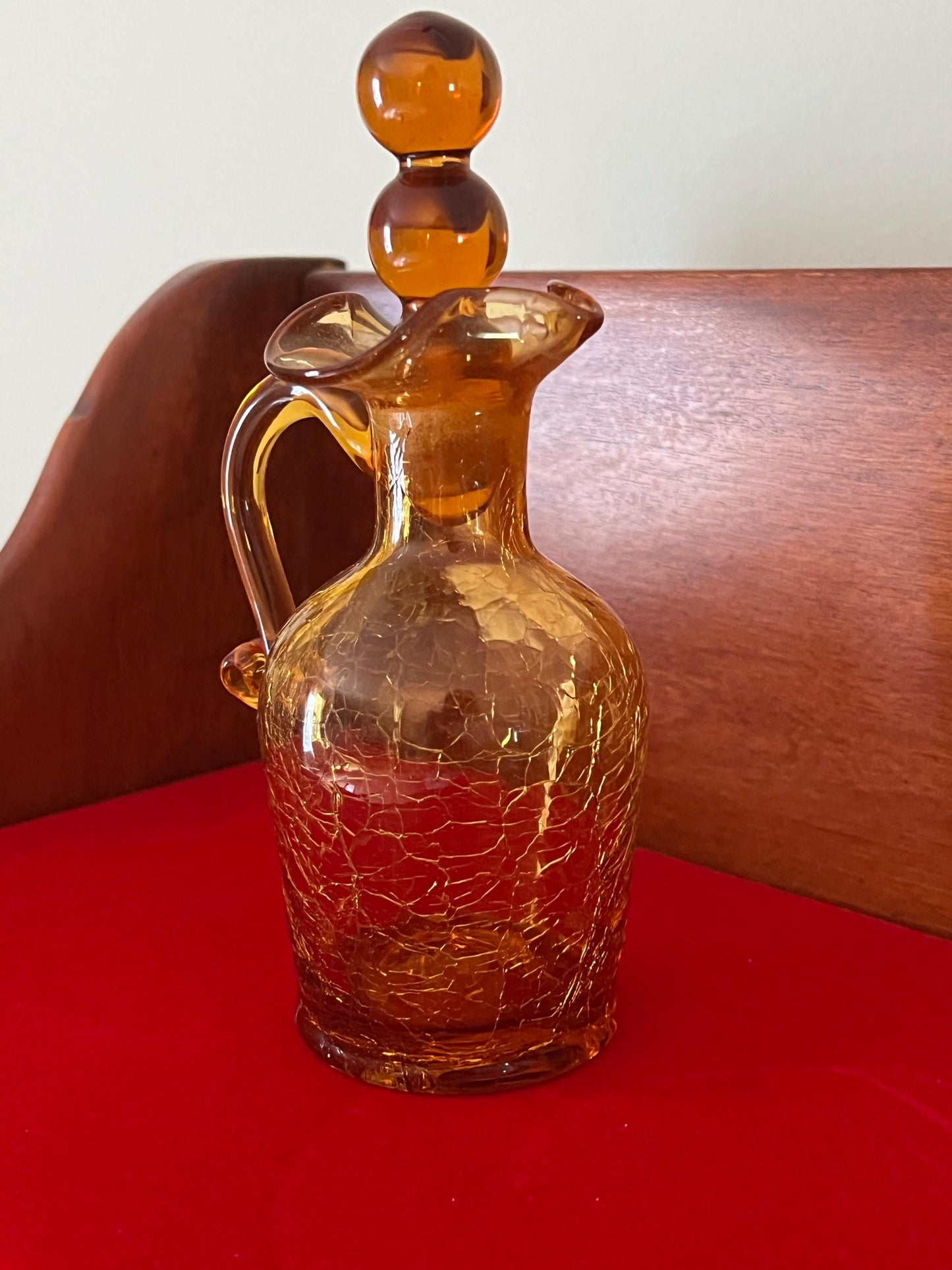 Vintage Amber Crackle Glass Cruet with Double Ball Stopper Mini Pitcher Art Amberina Art Glass Lover Antiques and Vintage