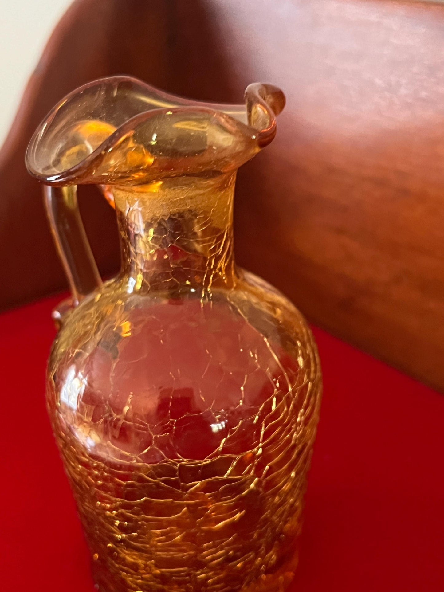 Vintage Amber Crackle Glass Cruet with Double Ball Stopper Mini Pitcher Art Amberina Art Glass Lover Antiques and Vintage