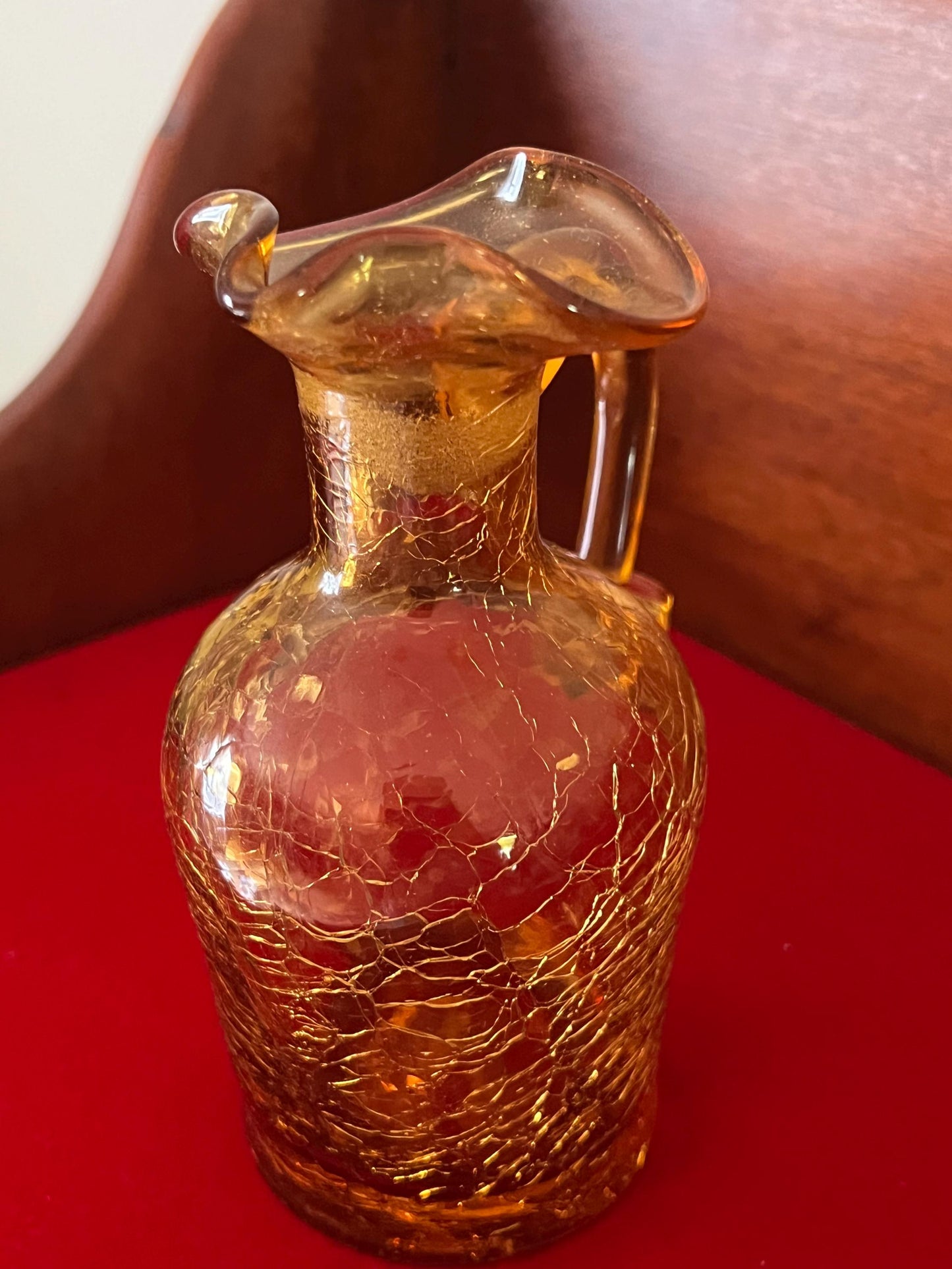 Vintage Amber Crackle Glass Cruet with Double Ball Stopper Mini Pitcher Art Amberina Art Glass Lover Antiques and Vintage